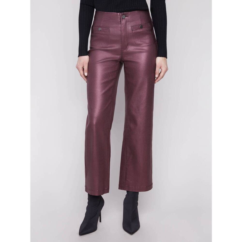 NEW CHARLIE B metallic wax twill flare leg pants in cabernet